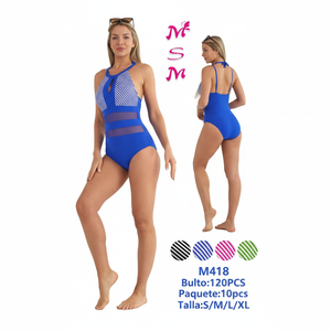 Costume da bagno intero da donna Msm a righe in spandex e poliestere UPF50+ senza maniche con scollo a V, modello Pull On, per spiaggia, taglie S M L XL - Product Image 1