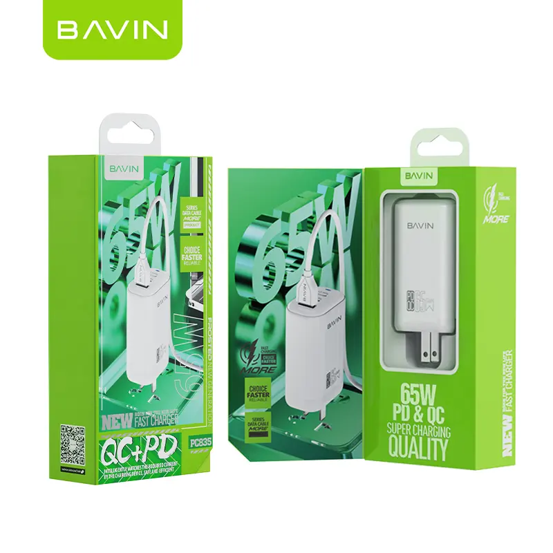 Bavin Wholesale Custom Portable 3 Port Type C Micro USB 65 Watt Super Fast Charging 65W GaN Charger For Android Cellphone PC