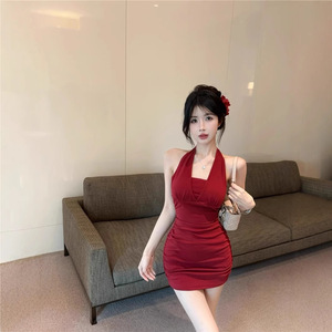 Halter Neck Backless Bodycon Evening Dress Wine Red Solid Color Natural Waistline G-306 - Product Image 2
