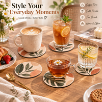 Ensemble de 6 dessous-de-verre en cuir bohème, motif feuille verte Morandi, absorbant, résistant à la chaleur, antidérapant, protection de table, maison, cuisine