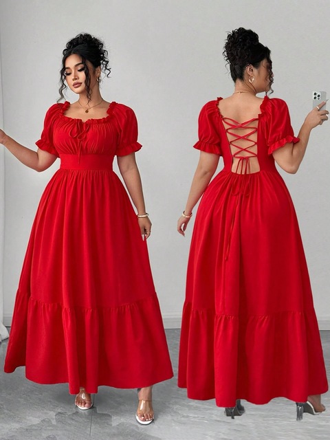 European and American 2026 Summer Women's Sexy Backless Short Sleeved Solid Color Dress