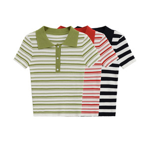 GX8154 Nouveauté T-shirt <span class=keywords><strong>Femme</strong></span> Tricoté Rayé Décontracté à Col Polo et Manches Courtes – Collection Été Tendance - Product Image 2