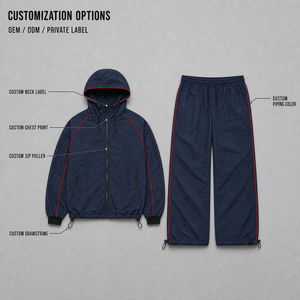 Conjunto deportivo personalizado OEM de alta calidad unisex, chaqueta con capucha y cremallera azul marino y pantalones con cordón, ribete rojo, para hombre. - Product Image 3