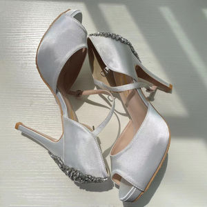 Sandalias de Tacón de 8.5cm con Cristales de Lujo para Mujer, Tela Satén, Color Marfil, Zapatos de Novia con Cristales - Product Image 2