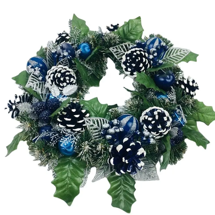 Kunstmatige Blue Party Ornament Bal Dennenappel Handgemaakte Deur Gemengde Poinsettia Guirlande Kerst Krans
