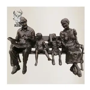 Decoración de Jardín, Estatua de Bronce Fundido de Pareja Mayor con Niños, Estatua de Bronce de Tamaño Real de Abuelos con Descendientes en un Banco - Product Image 1