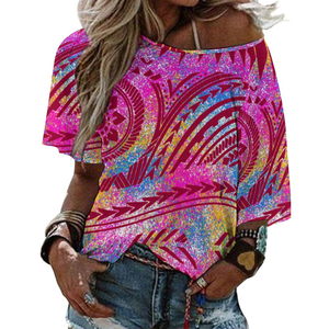 レディースルースミッドスリーブTシャツカスタムレディーストップスパシフィックアイランドアートワンショルダーブラウスポリネシア部族デザイン女性ブラウス - Product Image 1