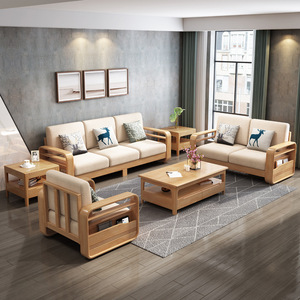 L-Shaped Solid Wood <b>Sofa</b> <b>Bed</b> Set With Chaise Lounge Multifunctional For <b>Small</b> Apartments Natural Wood Color - Product Image 3