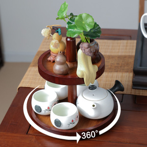 Triple Layer Wooden Tray Round Rotating Tea Set Display Rack For Afternoon Tea Dining <b>Table</b> Traditional New Chinese Style - Product Image 2