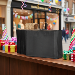 Bolsas de papel kraft negro con asas de 16x6x12 pulgadas para fiestas, compras y uso minorista - Product Image 2