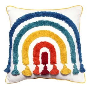 Funda de almohada con diseño de arcoíris bohemio, funda de almohada decorativa colorida con borlas, fundas de cojines tejidas con mechones para sofá