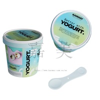 Pot en plastique pour yaourt et gelato avec couvercle et cuillère intégrée, rond, 500 ml, étiquette IML imprimée, pot pour crème sure