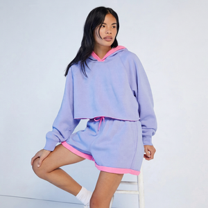 Conjunto de Sudadera con Capucha y Pantalones Cortos para Mujer, Color Lavanda, Estilo Casual, Holgado, de Felpa Transpirable, 3 Piezas - Product Image 1
