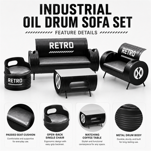 Ensemble de meubles modernes industriels en forme de fût d'huile noir, finition thermolaquée, ensemble de canapés en métal pour salle à manger, bar, café, salon, usage commercial - Product Image 1