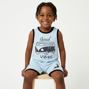 Combinaison sans manches imprimée Good Vibes pour bébés et tout-petits, bleu clair, 100% coton biologique, tenue décontractée d'automne, boutons pression - Product Image 1