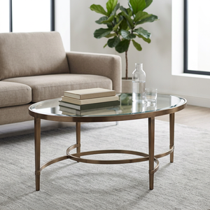 AK Brass Modern <b>Round</b> Iron Metal Coffee <b>Table</b> <b>Gold</b> Antique Finish with Unique Glass Top for Living Room Interior Furniture - Product Image 2