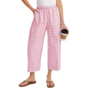 FOXA Pantalon Capri à jambes larges pour femme, en coton, à carreaux, taille élastique, style palazzo, avec poches - Product Image 1