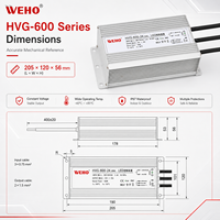 Adaptateur d'alimentation à découpage étanche série HVG-600 600W, sortie 24V 36V 48V 60V, facteur de puissance élevé >0.78, large plage de température pour éclairage LED