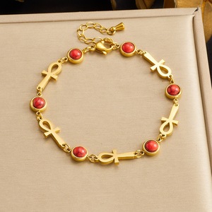 Turquoise Bracelet Gold Plated Ankh Charm Women's Jewelry Artistic Retro Design - Product Image 2