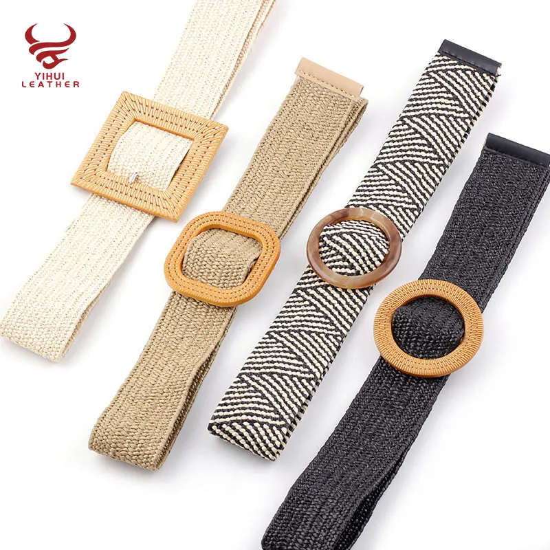 2023 Fashion Lady Braided Elastic Strength Belt Wooden Buckle Women Skinny Dress Belt Summer Vintage PP Straw Belt Girls