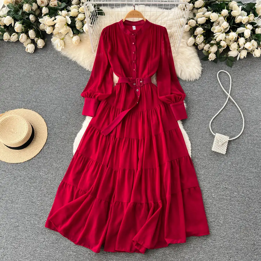 Boutique Wholesale 2024 Spring Clothing New V-neck Single Breasted Chiffon Retro Waist Slimming Large Swing A-line Women's Dress