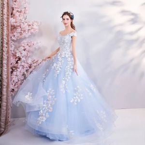 Off The Shoulder Light Blue Floral Embroidered Organza Ball Gown Wedding Dress Empire Waistline For Women - Product Image 2