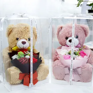 wholesale bear flower bouquet soap flower rose valentine mother's Day teddy bear with gift boxes for girlfriend surprise