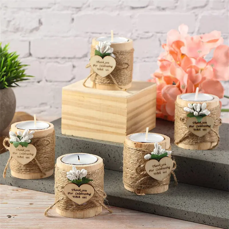 Ensemble de 12 bougeoirs bon marché, bougeoirs en bois faits à la main avec fleurs artificielles pour cadeaux de mariage