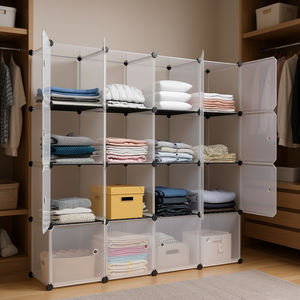 Étagère de rangement blanche à 16 cubes, en plastique, empilable, pour le rangement des vêtements à la maison, design minimaliste - Product Image 2