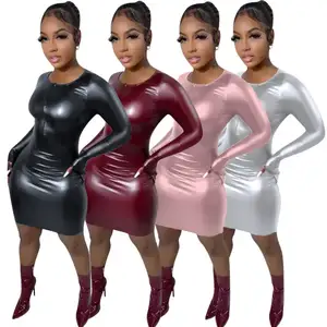 Ladies Sexy Night Club Long Sleeve PU Casual Dresses Red Skinny Stretch Women Short Tight Mini Leather Dress With Zip