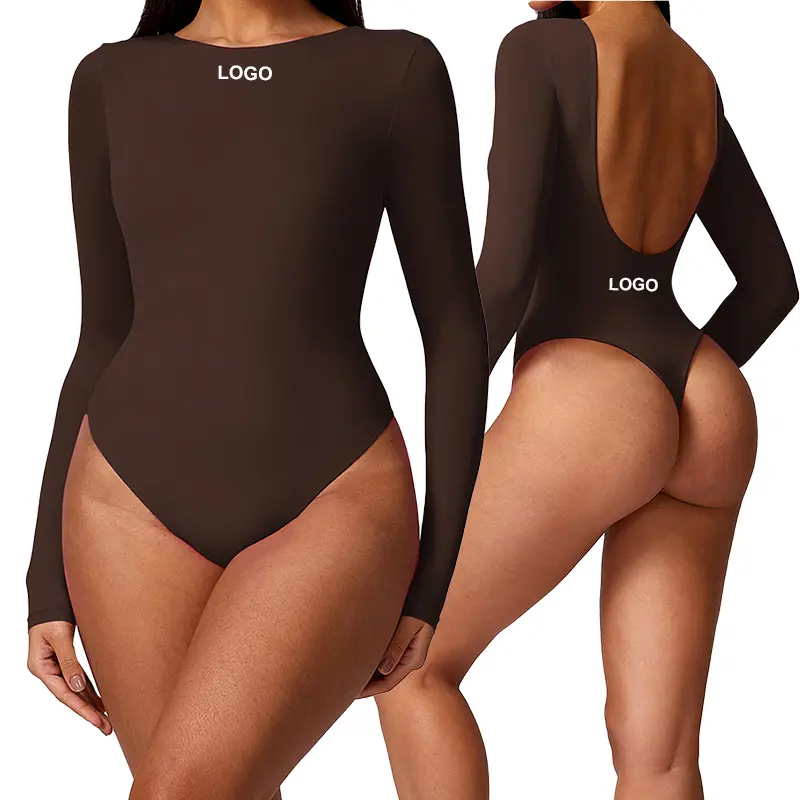 CLT8625 Women's Slimming Triangle Yoga Bodysuit with Long Sleeves and Big U Back Tummy Control Bodysuit