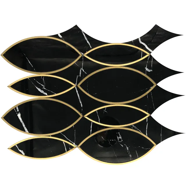 Design grafico bordi decorativi intarsio per pareti interne piastrelle a mosaico nere in porcellana a getto d'acqua in ottone dorato