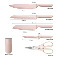 Ensemble de 6 couteaux de cuisine roses en acier inoxydable avec bloc, logo personnalisé, marque privée, couteaux multifonctions, vente en gros, durables et tranchants