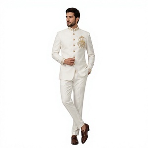 Black Embroidered Sherwani <b>Fabric</b> Suit Set Traditional Formal Wear for Wedding Ceremony Banquet - Product Image 1