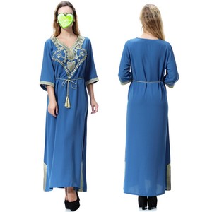 Robe d'été pour femmes, col en V, manches courtes, grande taille, broderie, kaftan musulman, robes maxi, abaya turque, vêtements ethniques - Product Image 3