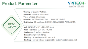 Coude à long rayon en acier inoxydable, forme cinquante-cinq degrés, ASME B16.9 A SA403, sans soudure, tête ronde standard - Product Image 4