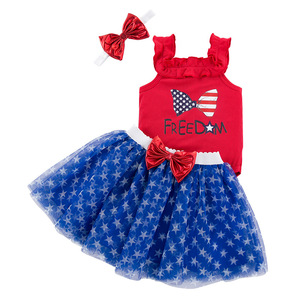 Conjunto de Ropa para Bebé Niña al por Mayor para el Día de la Independencia: Mono Estampado, Falda, Zapatos y Diadema de Manga Corta - Product Image 2