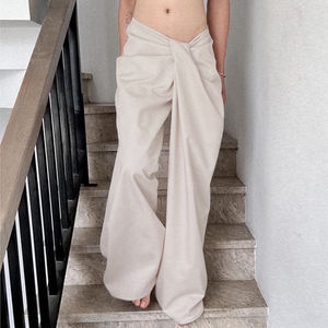 European American <b>Women</b> Wide Leg Pants Asymmetrical Cross Waist Design <b>Loose</b> Fit Draped Slimming Casual <b>Trousers</b> - Product Image 1