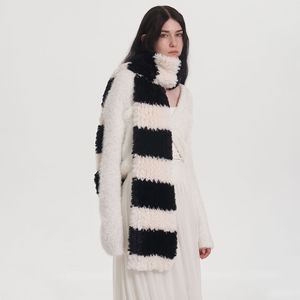 Femmes Dames Chaud Épais Hiver Peluche Fuzzy Noir <span class=keywords><strong>Blanc</strong></span> Couleur Blocage Rayé Fausse Fourrure Echarpe Capuche Motif Patchwork Fourrure <span class=keywords><strong>Snood</strong></span> - Product Image 1
