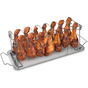 Dishwasher Safe 14-Slot Folding Stainless Steel Vertical Grill Rack & Drip Pan for Poultry