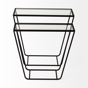 Juego <span class=keywords><strong>de</strong></span> 2 Mesas Auxiliares Modernas Minimalistas <span class=keywords><strong>de</strong></span> Metal y Vidrio, Color Negro Mate, Tamaño y Color Personalizables para el Hogar, Hotel, Mercana' - Product Image 3
