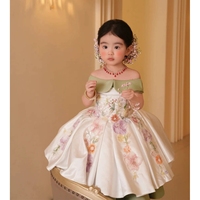 Robe de fête formelle pour filles, robe de princesse en satin imprimé avec applications, robe en coton fleuri pour filles