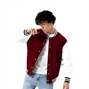 <b>Men's</b> Maroon White Windproof <b>Woolen</b> Solid Casual Turn-down Collar Regular Fit Autumn Varsity <b>Jacket</b> - Product Image 1
