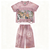 Ensemble de survêtements décontractés personnalisés effet vieilli, t-shirts et shorts en coton surdimensionnés avec strass et motifs vintage, vente en gros