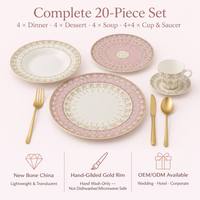 Service de table de luxe 20 pièces en porcelaine fine, décor floral bleu sarcelle et rose, bord doré à la main, assiettes, tasses et soucoupes, idéal pour cadeau