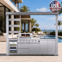 Îlot de cuisine extérieure de luxe en acier inoxydable 304 avec abri, barbecue à gaz, évier, réfrigérateur et rôtissoire pour jardin - Stock US