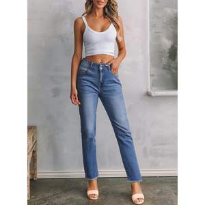 2025, Pantalones vaqueros de pierna recta de cintura alta para mujer, transpirables, azul cielo, XL, estilo lápiz a la moda - Product Image 2