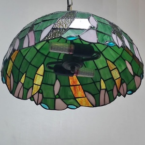 LongHuiJing 16 Inch Tiffany Style Stained Glass Hanging Lamp Vintage Green Stained Glass Ceiling <b>Light</b> - Product Image 6