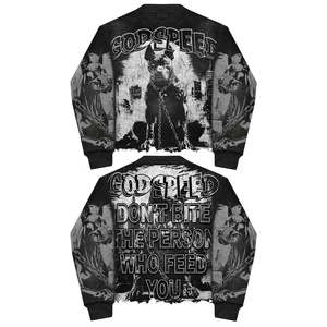 เสื้อยืดคอกลมผู้ชาย ผ้าฝ้าย 100% พิมพ์ลายฮิปฮอป แขนยาว ผ้าวาฟเฟิล แต่งคริสตัล ล้างสีแบบแอซิด ทรงโอเวอร์ไซส์ ชายเสื้อขาดแบบดิสเทรส ทรงบ็อกซี่ - Product Image 1