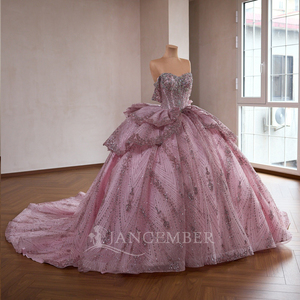 261059 ชุดราตรีสีชมพูปักลายออร์แกนซ่าแบบเปิดไหล่ คอรูปหัวใจ แต่งระบาย - Product Image 3
